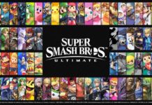 Les personnages de Super Smash Bros. Ultimate autour du logo du jeu