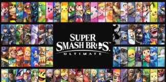 Les personnages de Super Smash Bros. Ultimate autour du logo du jeu