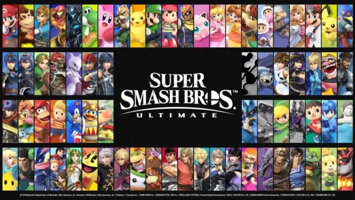 Les personnages de Super Smash Bros. Ultimate autour du logo du jeu