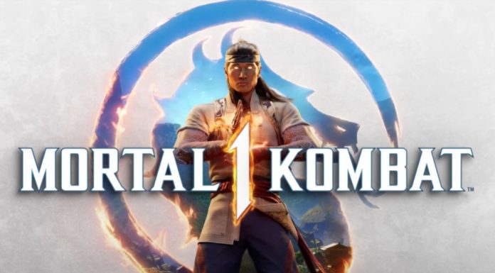Logo de Mortal Kombat 1 avec Liu Kang au centre