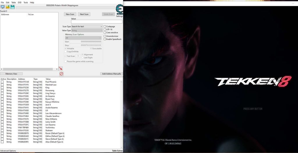 Capture d'écran du cheat engine de Tekken 8